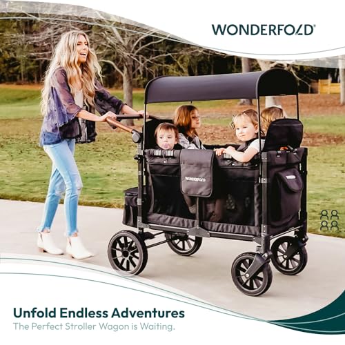 WONDERFOLD W4 Luxe Stroller Wagon (4 Seater) - Collapsible Wagon Stroller with Seats with Magnetic Buckle 5-Point Harnesses and Sun Canopy, Noble Navy