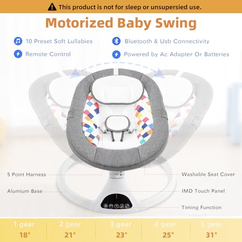 Baby Swing for Infants, Electric Portable Rocking Chair for Babies, Bluetooth Touch Screen/Remote Control Timing Function 5 Swing Speeds Baby Rocker Chair with Music 5 Point Harness Gray