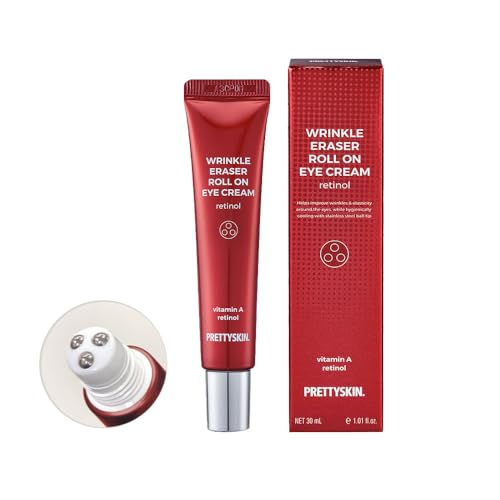 PRETTYSKIN Roll On Eye Cream with Vitamin A and Stainless Steel ball Tip- Under Eye Roller Cream for Elasticity Wrinkles Puffiness Fine Lines-Korean eye cream 30ml/1.01fl.oz. (Retinol)