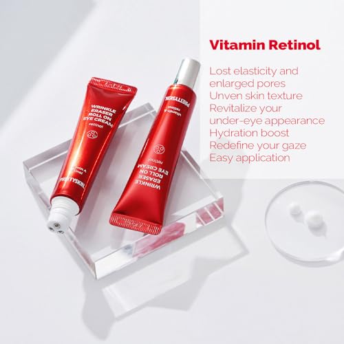 PRETTYSKIN Roll On Eye Cream with Vitamin A and Stainless Steel ball Tip- Under Eye Roller Cream for Elasticity Wrinkles Puffiness Fine Lines-Korean eye cream 30ml/1.01fl.oz. (Retinol)