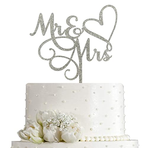 JIEEIN Mr & Mrs Cake Topper - Bride and Groom Sign Wedding, Engagement Cake Topper Decoration - Silver Glitter Acrylic