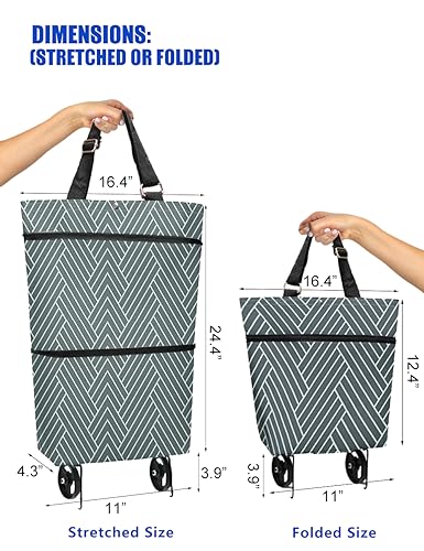 Foldable Grocery Cart with Wheels, Convenient Shopping Cart for Groceries (Grey Stripe)