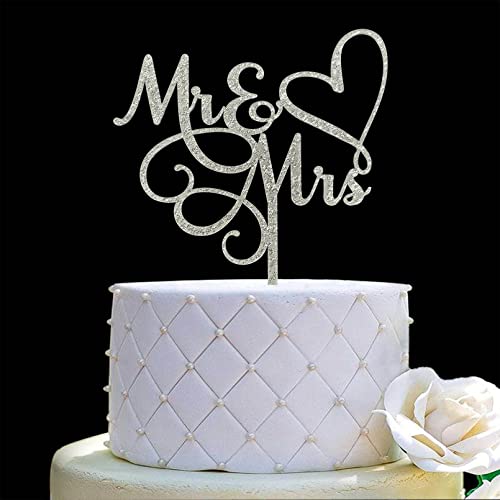 JIEEIN Mr & Mrs Cake Topper - Bride and Groom Sign Wedding, Engagement Cake Topper Decoration - Silver Glitter Acrylic