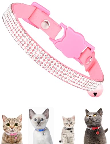Aosora Cat Collar with Rhinestone Bling Cute Bells Leather Cat CollarsAccessories for Pet Collars ldeal for Girl Cats Male Cats(Pink)