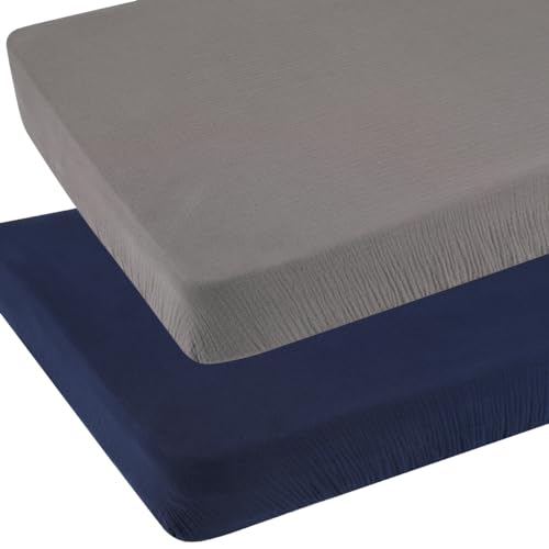 Muslin Pack and Play Sheets Fitted Compatible with Graco Pack n Play Playard Crib and Other 27 x 39 Inch 24 x 38 Playpen/Mini Crib Mattress Soft 100% Cotton Grey & Navy