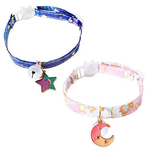 2 Pcs Cute Moon and Star Cat Collar with Bells Adjustable Cat Collar with Quick Release Buckle and Bell Adjustable Cute Kitty Collar with Bells for Cats Kitten
