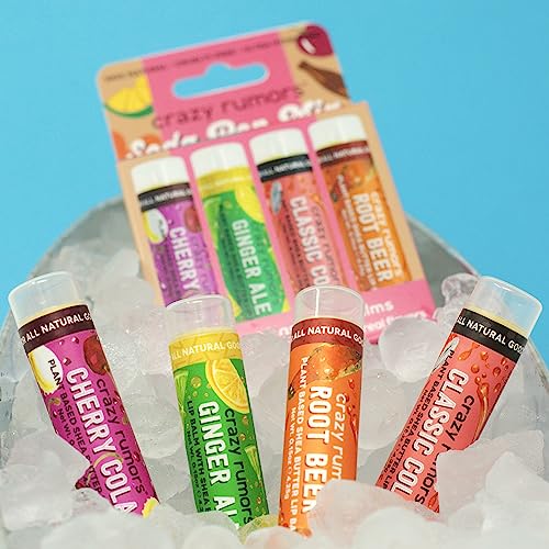 Crazy Rumors Soda Pop Mix Lip Balm 4-Pack Mix (Cherry Cola, Ginger Ale, Classic Cola, Root Beer) 100% Natural, Vegan, Plant-Based, Made in USA