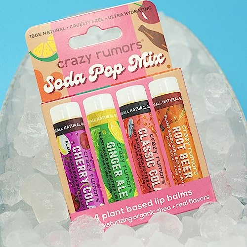 Crazy Rumors Soda Pop Mix Lip Balm 4-Pack Mix (Cherry Cola, Ginger Ale, Classic Cola, Root Beer) 100% Natural, Vegan, Plant-Based, Made in USA