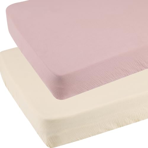 Muslin Pack and Play Sheets Fitted Compatible with Graco Pack n Play Playard Crib and Other 27 x 39 Inch 24 x 38 Playpen/Mini Crib Mattress Soft 100% Cotton Beige & Blush