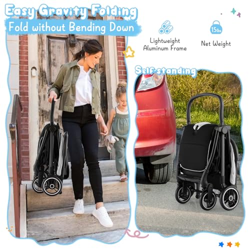 HONEY JOY Lightweight Baby Stroller, Compact Travel Stroller for Airplane, Fits Airplane Cabin & Overhead, One-Hand Gravity Fold, Self-Standing Toddler Stroller w/Adjustable Backrest/Canopy(Gray)