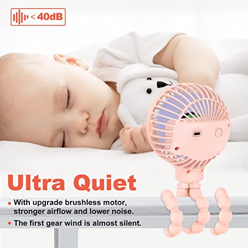 TRELC Mini Handheld Stroller Fan, Personal Portable Baby Rechargeable Fan With Flexible Tripod, Upgraded Version, Gift for Children Office Treadmill Room Car Traveling BBQ Gym (Pink)