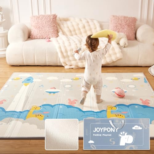 Joypony Baby Play Mat 79x71x0.6 inches, Fabric Cloth Surface Extra Large & Thick Foldable Play Mats for Baby Girls Boys, Waterproof & Anti-Slip Portable Baby Floor Mat for Tummy Time with Travel Bag