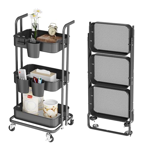 DTK 3 Tier Foldable Rolling Cart, Metal Utility Cart with Lockable Wheels, Folding Storage Trolley