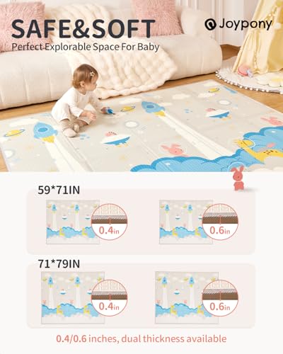 Joypony Baby Play Mat 79x71x0.6 inches, Fabric Cloth Surface Extra Large & Thick Foldable Play Mats for Baby Girls Boys, Waterproof & Anti-Slip Portable Baby Floor Mat for Tummy Time with Travel Bag