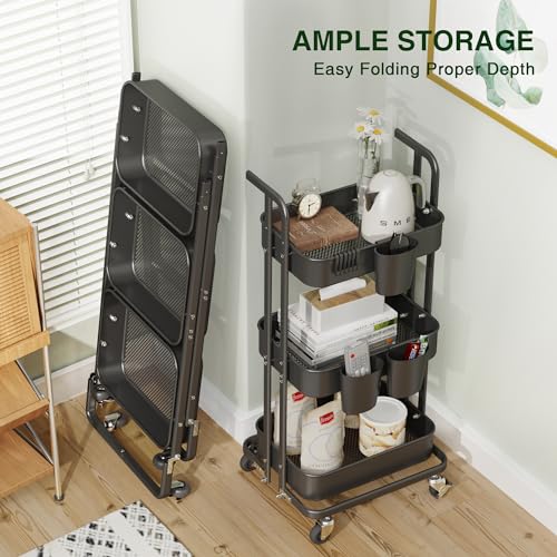 DTK 3 Tier Foldable Rolling Cart, Metal Utility Cart with Lockable Wheels, Folding Storage Trolley
