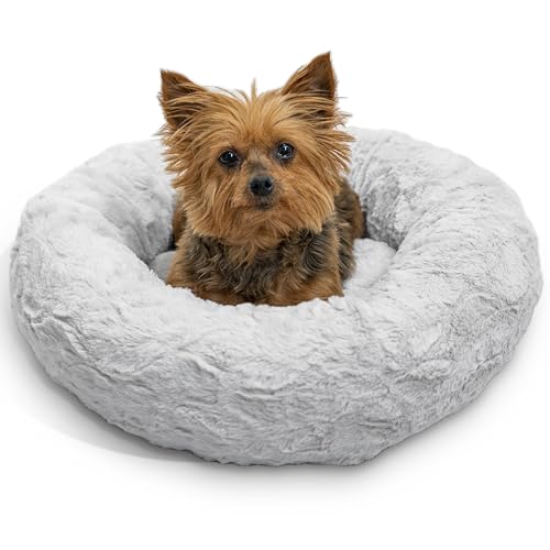 Best Friends by Sheri Original Calming Donut Dog and Cat Bed, Lux Faux Fur, Gray, XS (18in x 18in) - Anxiety Relief for Pets Up to 10 lbs