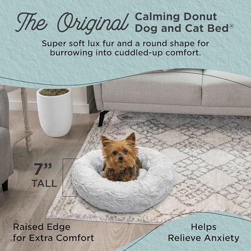 Best Friends by Sheri Original Calming Donut Dog and Cat Bed, Lux Faux Fur, Gray, XS (18in x 18in) - Anxiety Relief for Pets Up to 10 lbs