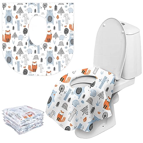 Whaline 20 Pack Extra Large Disposable Toilet Seat Covers Cute Woodland Animal Individually Wrapped Potty Training Seat Cover Waterproof Toilet Seat Cushion for Travelling Hotel Bathroom Public Toilet
