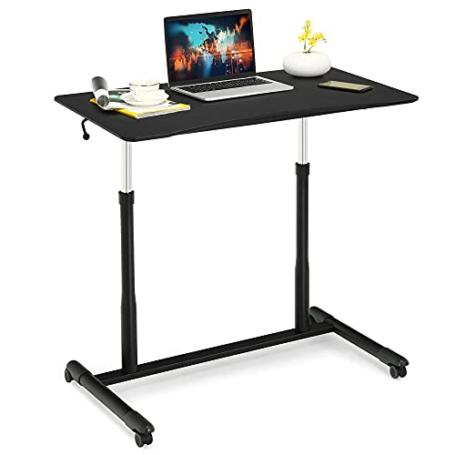 DORTALA Ergonomic Sit Stand Desk, Pneumatic Height Adjustable Desk on Wheels, Mobile Bedside Computer Desk, w/Lockable Casters, Sturdy Steel Frame, for Living Room Bedroom Office, Black