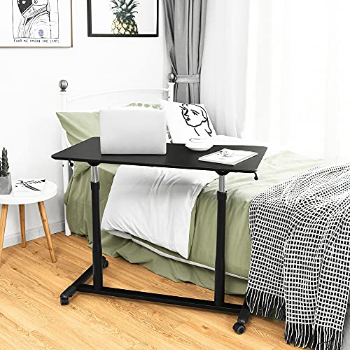 DORTALA Ergonomic Sit Stand Desk, Pneumatic Height Adjustable Desk on Wheels, Mobile Bedside Computer Desk, w/Lockable Casters, Sturdy Steel Frame, for Living Room Bedroom Office, Black