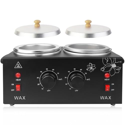 Double Wax Warmer for Hair Removal, Professional Waxing Heater Pot with Adjustable Temperature for Women Men, with 40 Wooden Wax Sticks, Two Silicone Bowls