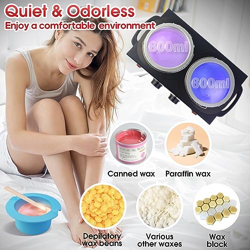 Double Wax Warmer for Hair Removal, Professional Waxing Heater Pot with Adjustable Temperature for Women Men, with 40 Wooden Wax Sticks, Two Silicone Bowls