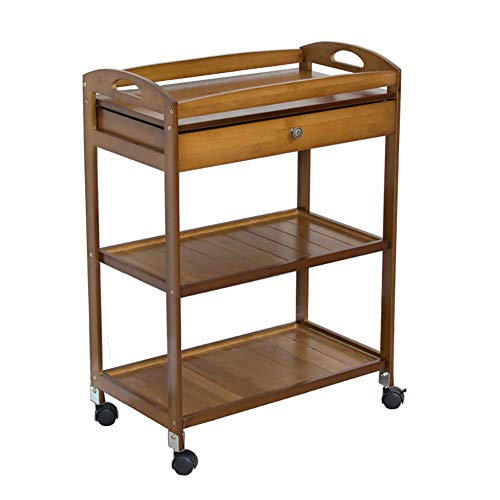 GagalU Trolley On Wheels Tool 3 Tier Medical Utility Cart with Storage Drawer, Hotel Kitchen Cartering Cart, Bamboo Beauty Salon Rolling Trolley Tool, Brown