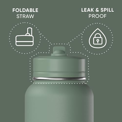 Hydrapeak 32oz Sport Insulated Water Bottle with Straw or Chug Lid, Leak & Spill Proof, Keeps Drinks Cold for 24 Hours, Hot for 12 Hours, Premium Stainless Steel Water Bottles (32oz, Sage Leaf)