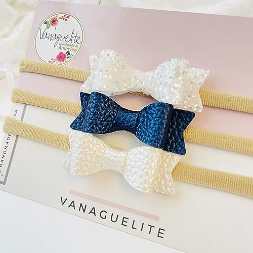 Baby bows and headbands - Soft faux leather and glitter sparkly - headbands for newborn to toddler girls (Navy and White)