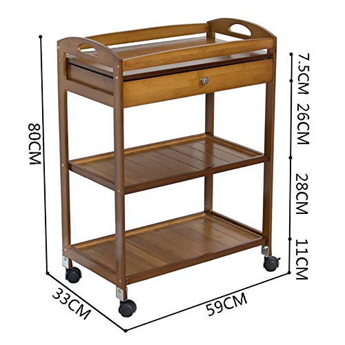 GagalU Trolley On Wheels Tool 3 Tier Medical Utility Cart with Storage Drawer, Hotel Kitchen Cartering Cart, Bamboo Beauty Salon Rolling Trolley Tool, Brown