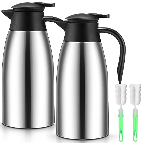 Uiifan 2 Pcs 68oz Thermal Coffee Carafe Insulated Stainless Steel Thermal Coffee Carafe Double Walled Vacuum Flask Carafes with Brushes for Keeping Tea for 12 Hours(Silver)