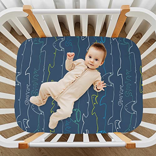 KICPOAY Fitted Crib Sheets Shark Ocean Stretchy Portable Playard Sheets for Baby Toddler, Breathable Soft Mini Crib Mattress 39 x 27 in for Boys and Girls