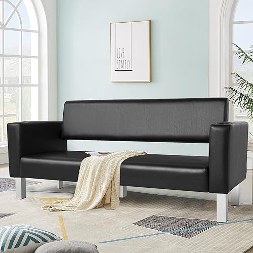 Artist hand Office Reception Chairs Waiting Room Bench Guest Chairs, Leather Bench 60.6'' Conference Room Chairs with 2 Cup Holder Office Couch Stainless Steel Base Chair