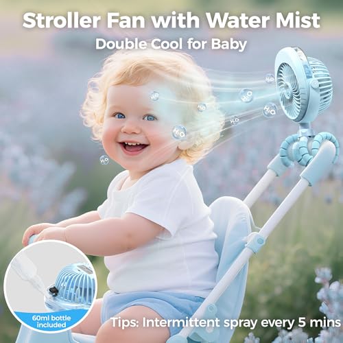2025 Upgarded 4000mAh Misting Baby Stroller Fan, Rechargeable Battery Operated,Max 15Hrs Cooling