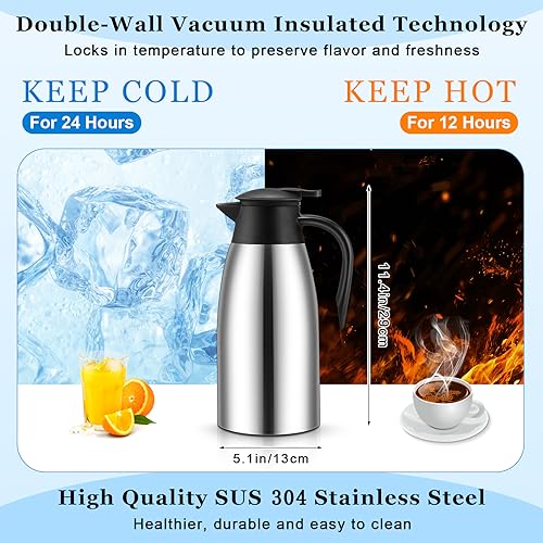 Uiifan 2 Pcs 68oz Thermal Coffee Carafe Insulated Stainless Steel Thermal Coffee Carafe Double Walled Vacuum Flask Carafes with Brushes for Keeping Tea for 12 Hours(Silver)
